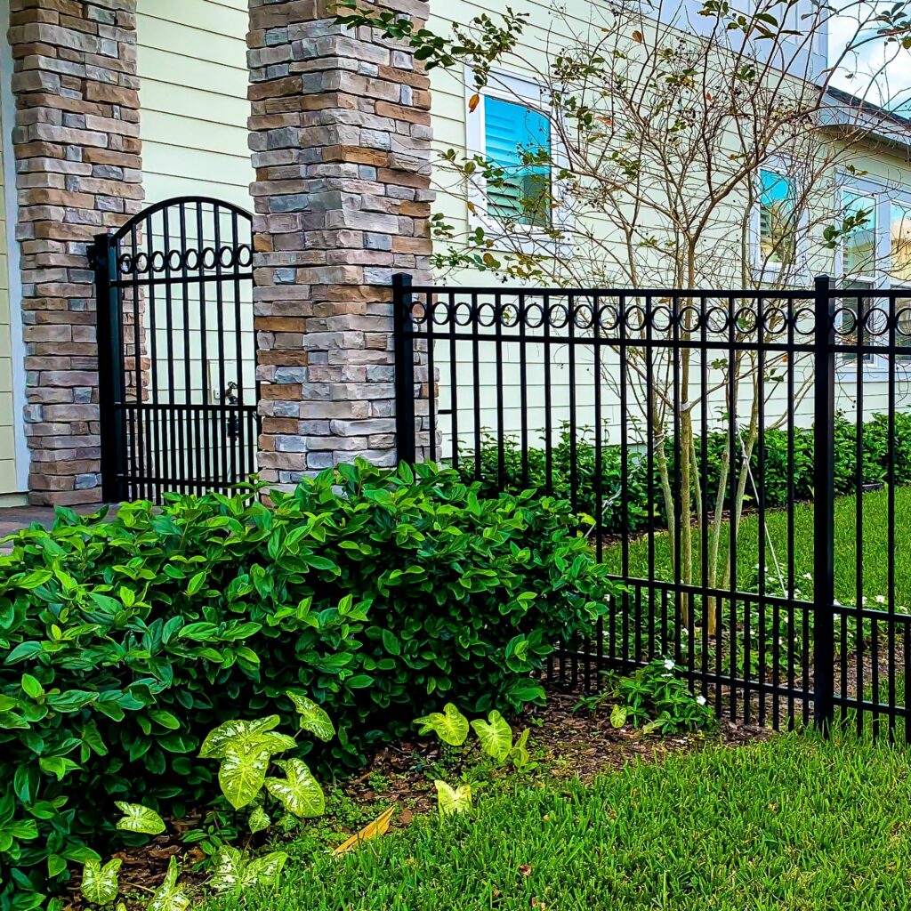 Florida Outdoor Products - Majestic Aluminum Fence with Puppy Panel, Ring Accent, and Arched Walk Gate